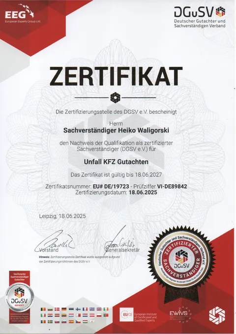 DGuSV Prüfzertifikat Geprüfter Sachverständiger Heiko Waligorski – Reg.-Nr. DE-8#17024/70-03