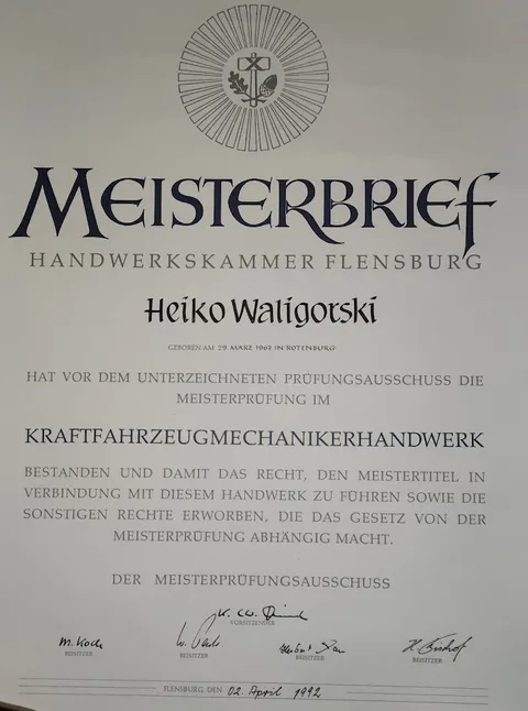 Offizieller KFZ-Meisterbrief im Kraftfahrzeugmechanikerhandwerk für Heiko Waligorski – Handwerkskammer Flensburg