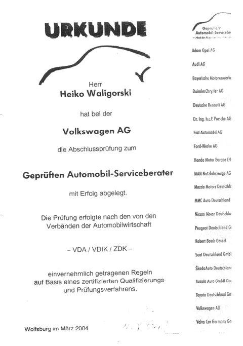 Urkunde Abschlussprüfung Zertifizierter Serviceberater – Heiko Waligorski